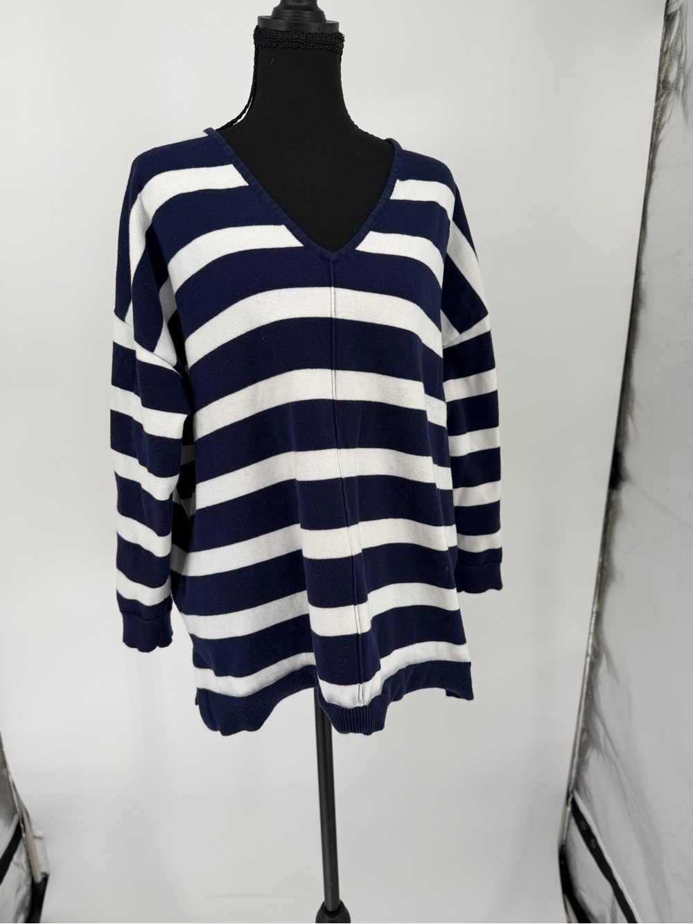 NorthStyle Navy and White Striped V-Neck‎ Sweater 100 percent cotton